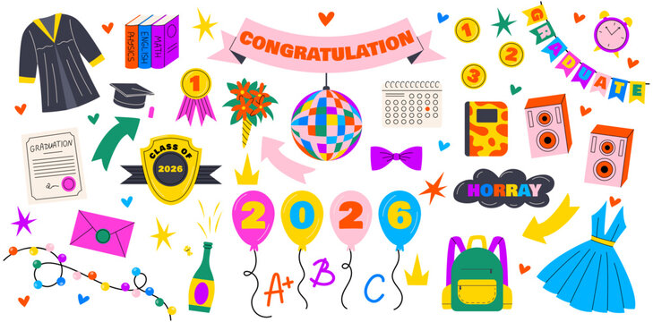 Graduate sticker. Grad party school. Icon mortarboard. Education award cartoon flat style isolated element. Studying at university. Schoolchild certificate. Vector congratulation symbol garish college