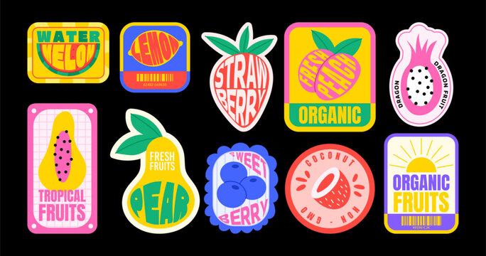 Fruit sticker. Vintage label, lemon badge. Food stamp. Retro supermarket patch. Farm shop barcode. Organic fresh advertising tag. Natural logo. Vector garish minimalistic flat style isolated set