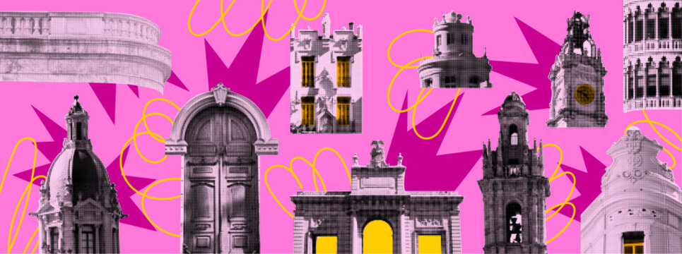Architecture halftone. Building pop art. Home collage from zine. Acid scrapbook halftone elements. Museum estate. Old house with arch. Dome roof. Doodle bright shapes. Vector garish retro city banner