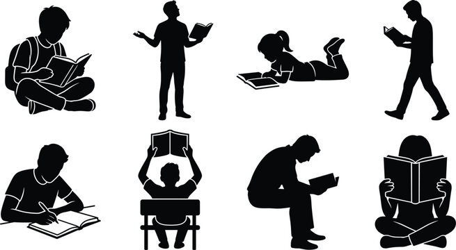 Silhouette Collection of Students and People Reading Books and Studying in Various Poses