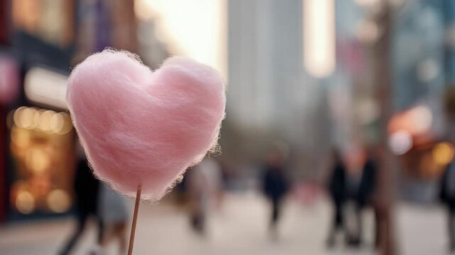 Pink heart shaped cotton candy held in hand on a busy city street with blurred background, romantic snack for valentines day or date in urban area