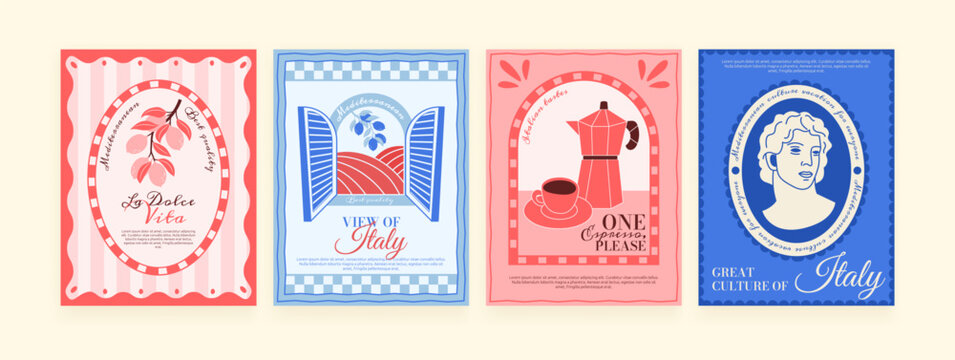 Italian poster. Tourist trip. Dolce Vita card. Sculpture of Italy, postcard invitation to Mediterranean. Open window, frames with olives, botanical classical portrait elements. Vector garish template