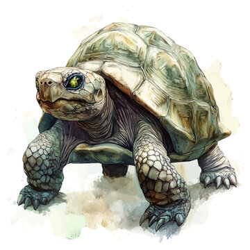 Tortoise watercolor artwork, semi-realistic fantasy look, realistic form with magic elements, isolated on white