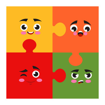 Abstract puzzles. Emotion expression. Happy or angry faces. Surprised emoticon. Jigsaw connection. Cartoon emoji. Joy and happiness. Comic smiles. Parts join. Emotional feelings. Vector color banner