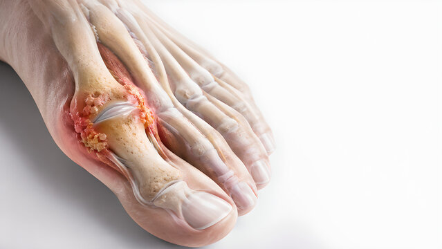 Gout in Big Toe First MTP Joint with Urate Crystal Deposits, Photorealistic Medical 3D Anatomy Render for Healthcare, Rheumatology, Clinical Education and Patient Awareness Design Materials