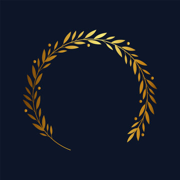 Golden branch. Laurel wreath. Plant twig with leaves. Luxury nominee circle frame. Glossy metallic stalk. Competition winning reward gold decor. Glory and triumph. Vector award floral heraldic element