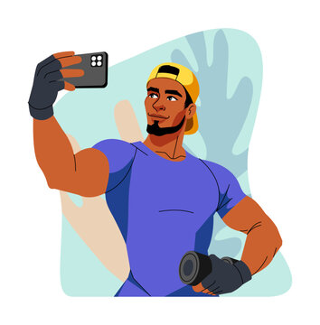 Fit sport. Man in athletic clothing posing for selfie. Sportsman making photo with smartphone. Fitness training. Attractive athlete photography. Muscular male slim body. Gym workout. Vector concept