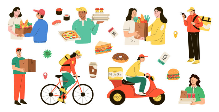 Food delivery. Takeaway lunch. Courier on fast scooter or bike. People with sandwich or pizza. Meal sale. Online service app. Pay for purchase. Shop order receive. Cafe delivering elements vector set