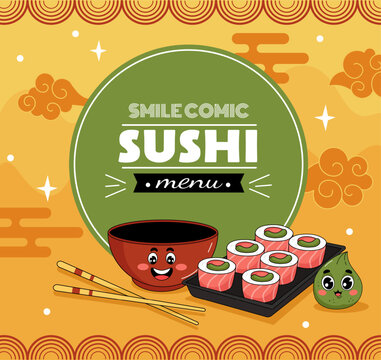 Sushi banner. Asian restaurant menu. Cartoon characters smile. Japanese clouds. Kawaii seafood mascots. Delicious fish. Miso soup bowl with chopsticks. Happy wasabi. Vector cafe food frame card design