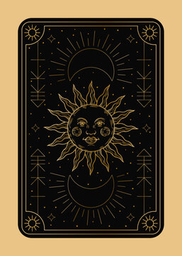 Magic frame. Occult celestial symbols. Black outline sun face. Mystic stars. Golden line crescent. Esoteric fortune prediction. Astrology icon. Witchcraft and divination. Vector spiritual tarot card