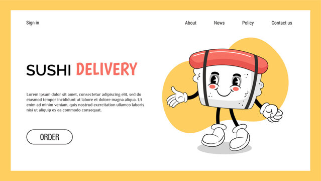 Sushi delivery landing page. Kawaii food character. Dinner order in cafe. Salmon fish and rice sashimi. Website design template. Japanese seafood mascot smile face. Online service vector background