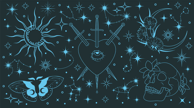 Occult symbols. Astrology moon and star. Sun rays. Skull with flowers. Magical spell. Gypsy heart with knife. Starry constellation for fortune prediction. Sacred butterfly. Vector outline elements set