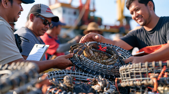 Indonesian crab trappers hauling wire traps onto an industrial dock at midday, a nervous job applicant among them in slightly too-clean clothes holding a clipboard, the crowd of seasoned workers aro