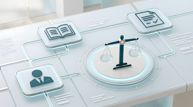 Digital compliance regulatory framework platform featuring scales of justice and legal documentation icons on transparent interface