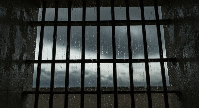 Dark prison cell window bars.