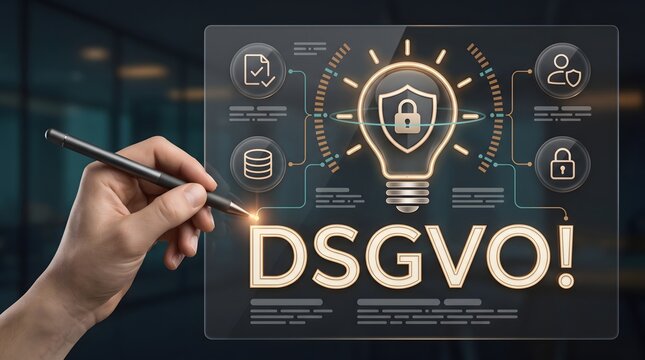 DSGVO data privacy compliance strategy concept with glowing security shield lightbulb for european regulation awareness