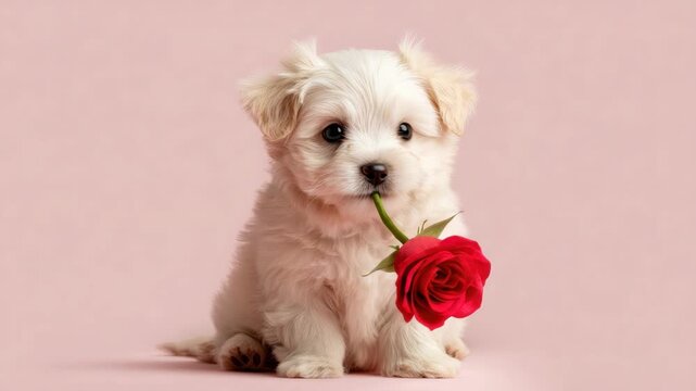Adorable white puppy holding a red rose in its mouth isolated on a soft pink background for romantic greeting cards and cute pet themed designs