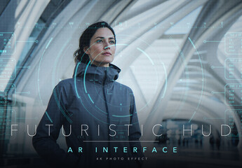 Futuristic Sci Fi HUD Photo Effect Template - Augmented Reality Hologram Interface Overlay with Cyan Targeting Reticle and Scan Grid