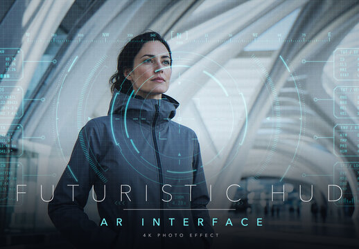 Futuristic Sci Fi HUD Photo Effect Template - Augmented Reality Hologram Interface Overlay with Cyan Targeting Reticle and Scan Grid