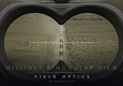 Military Binocular View Photo Effect Template - Tactical Field Optics Overlay with Rangefinding Reticle and Olive Green Recon Grade