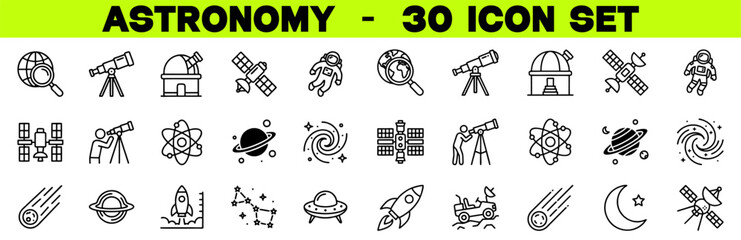 Astronomy Line Icon Set – Editable Stroke Vector Illustration of Space, Planets and Universe Icons © EPS