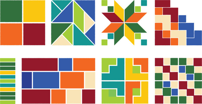 Colorful Geometric Quilt Block Collection with Patchwork Squares Pinwheels and Mosaic PatternsColorful Geometric Quilt Block Collection with Patchwork Squares Pinwheels and Mosaic Patterns