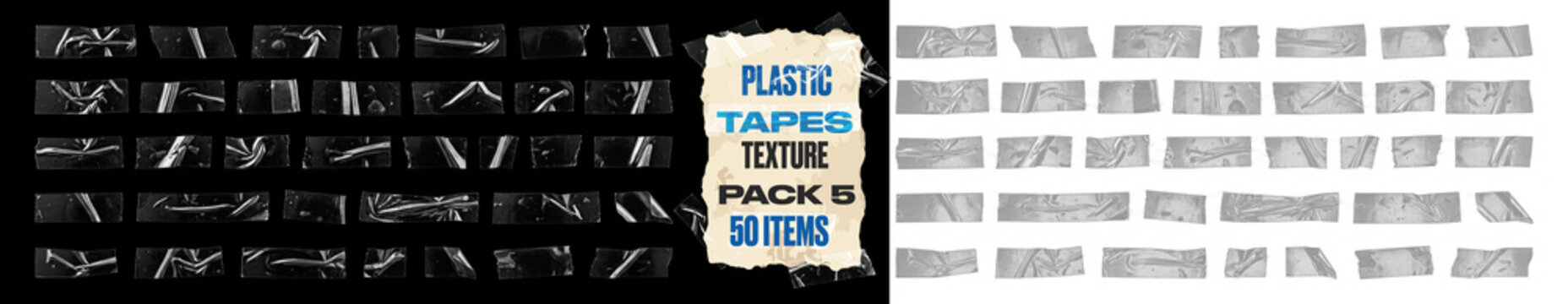 Adhesive plastic tape strips collection, transparent scotch tape overlays with wrinkled texture. Realistic sticky tape set for collage, photo editing, graphic design, branding and digital scrapbooking