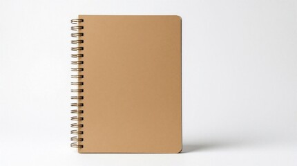 Naklejka na ściany i meble Single closed spiral bound notebook with plain tan cover on white background. Minimalist paper diary with brown metallic coil spine for study notes business planning. Pro stationery supply mock up
