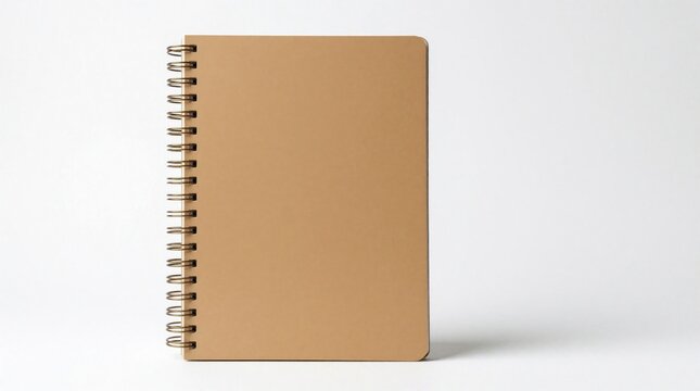 Single closed spiral bound notebook with plain tan cover on white background. Minimalist paper diary with brown metallic coil spine for study notes business planning. Pro stationery supply mock up