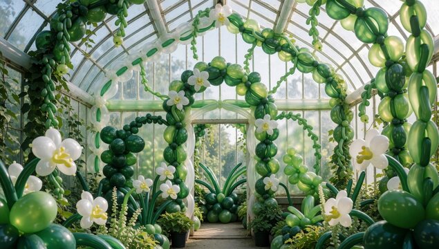 Beautiful archway made green balloons white flowers multiple different sizes shapes arranged symmetrical patte
