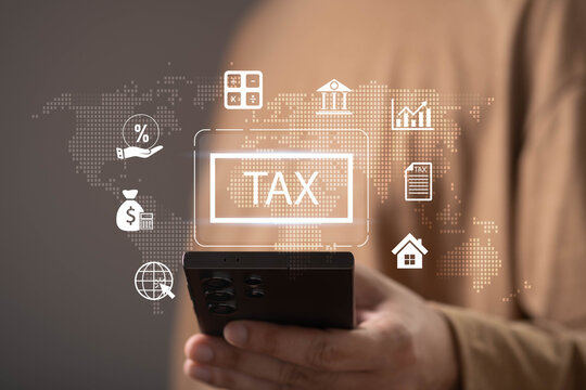 Smartphone displaying digital tax management interface with financial icons and global network. Concept of online tax filing, accounting, fintech services, compliance and business finance.