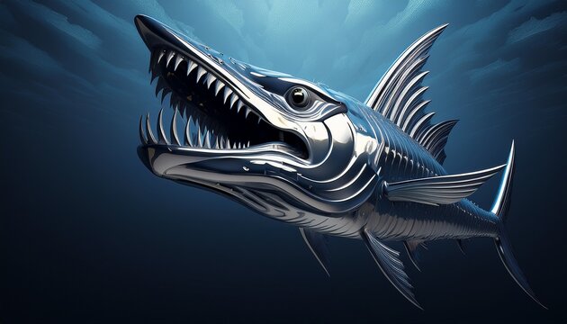 silver barracuda head with sharp open jaws