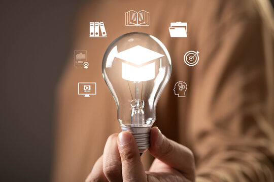 Education innovation and digital learning featuring a graduation cap inside a light bulb, symbolizing knowledge, creativity, online education, skill development, academic success, lifelong learning.