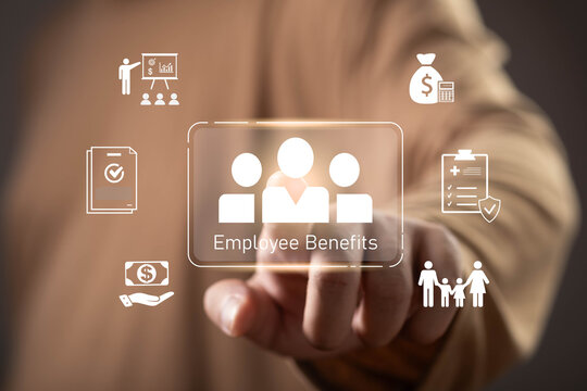 Employee benefits and workforce compensation concept with HR management interface. Health insurance, payroll, retirement plans, employee wellness, financial support and workplace benefits.