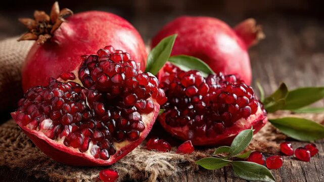Fresh red pomegranates with juicy seeds and green leaves on a rustic dark wooden table, high quality food photography for healthy diet concepts