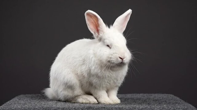 White fluffy rabbit sitting on grey surface against dark background.