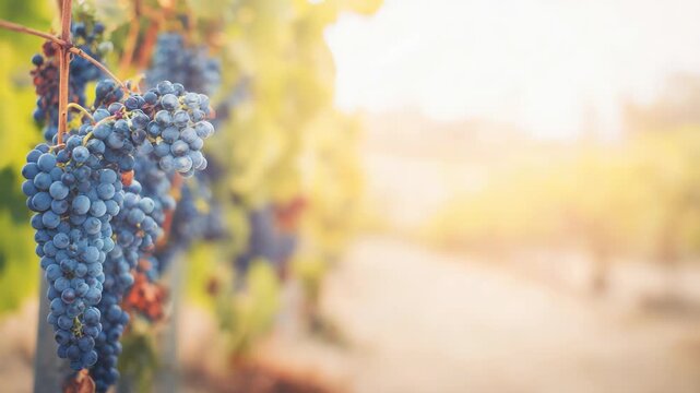Ripe dark blue grapes hanging on vine in sunny vineyard, close up shot of organic fruit harvest in autumn season for wine production background