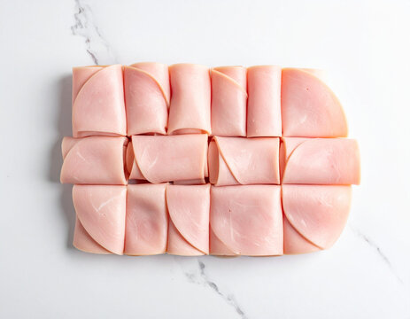 Lean turkey slices rolled tightly and arranged in a repeating geometric pattern on a white marble background.