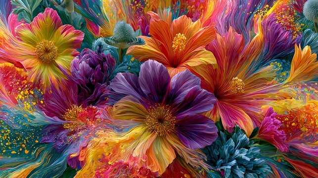 Exploding kaleidoscope of tropical flowers dissolving into vivid pigment waves, creating a saturated psychedelic botanical abstract background.