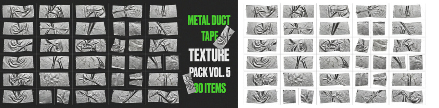 Silver metal duct tape texture collection, set of realistic adhesive strips with wrinkled metallic surface and torn edges. Isolated industrial repair patches for digital collage, overlay, scrapbooking