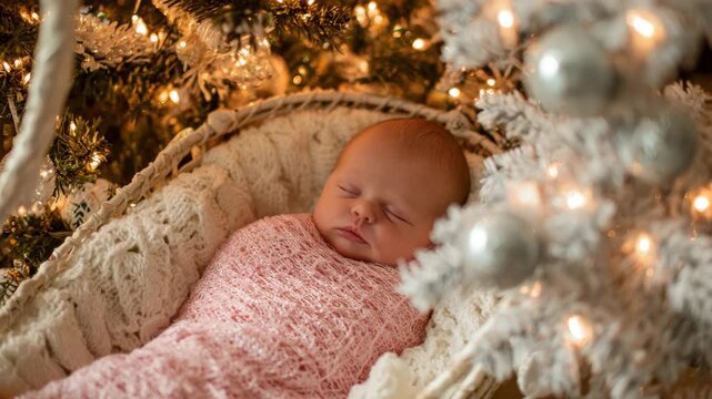Newborn baby girl sleeping peacefully in a wicker basket under a decorated Christmas tree with warm glowing lights during the winter holiday season