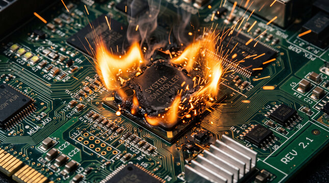 Computer Circuit Board Fire: A close-up shot of a computer's main circuit board with a central chip engulfed in flames and sparks, highlighting a catastrophic technological failure.