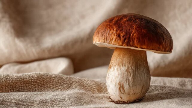 Fresh Porcini Mushroom Standing on Rustic Linen Fabric Background, Close-up Studio Shot of Edible Wild Mushroom for Culinary and Food Photography