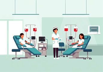 Fototapeta premium Vector flat design illustration of a medical infusion room with patients receiving treatment and a nurse supervising