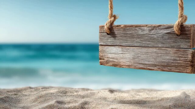 Wooden sign hanging on ropes above sandy beach with blurred ocean waves in background for summer travel advertisement and tropical vacation concept