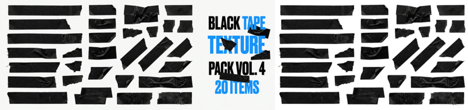 Black tape texture set, adhesive strips with realistic wrinkled fabric and torn edges. Collection of isolated black duct tape pieces for urban grunge design, collage elements, scrapbooking and digital