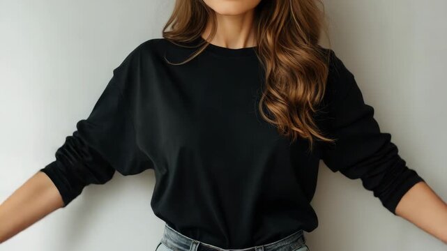 Young woman in black long sleeve shirt posing against white wall, casual fashion style for apparel marketing, studio portrait of female model
