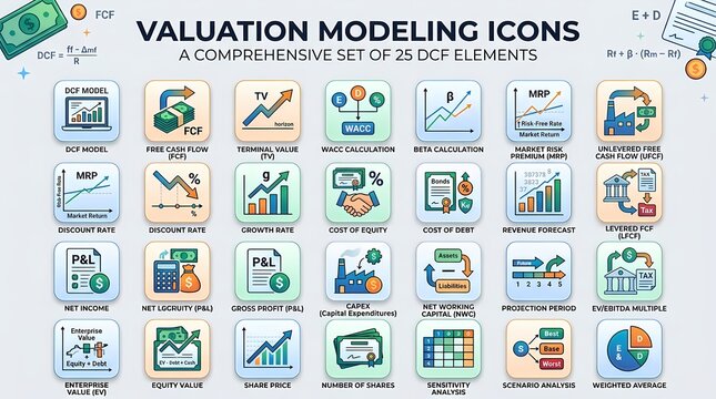 Financial analyst working with valuation modeling icons. Business professional analyzing DCF elements for investment decisions.