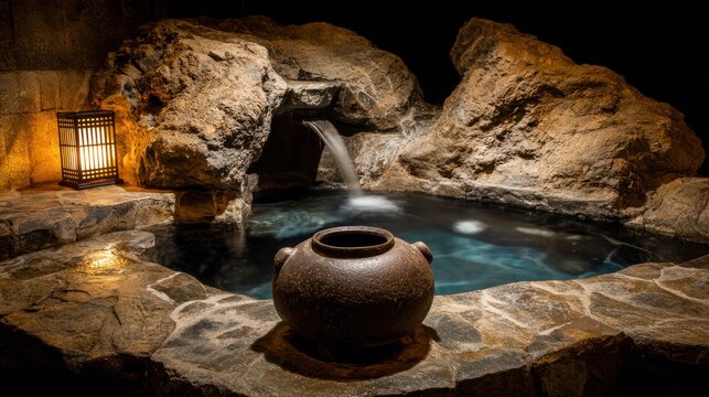 Ancient clay plant sits at the edge of a stone-lined pool fed by a hidden spring in a dim cave