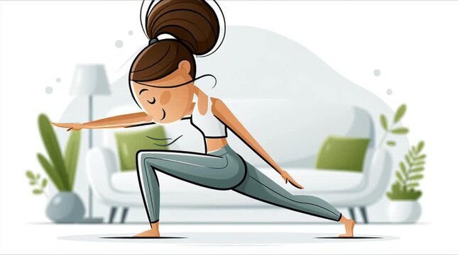 Cute cartoon girl in yoga pose, in the living room flat design illustration